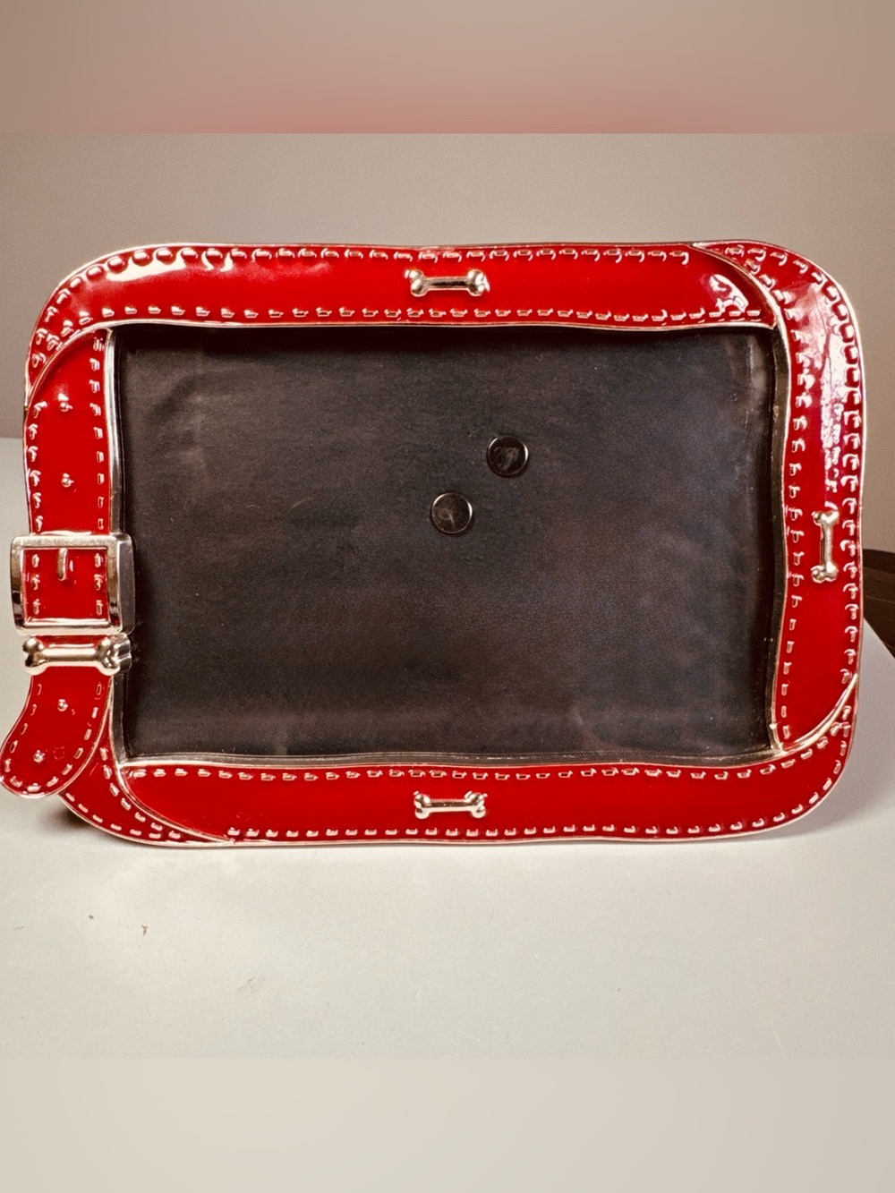 Red Enamel Dog collar Photo Frame Silver Buckle Doggie Bone Detail 4X6 Glossy